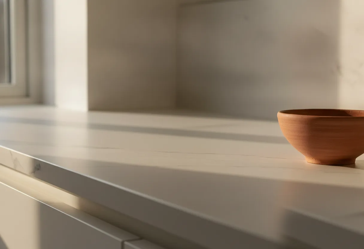Terracotta bowl on a pale veined solid surface worktop in soft morning light, illustrative image