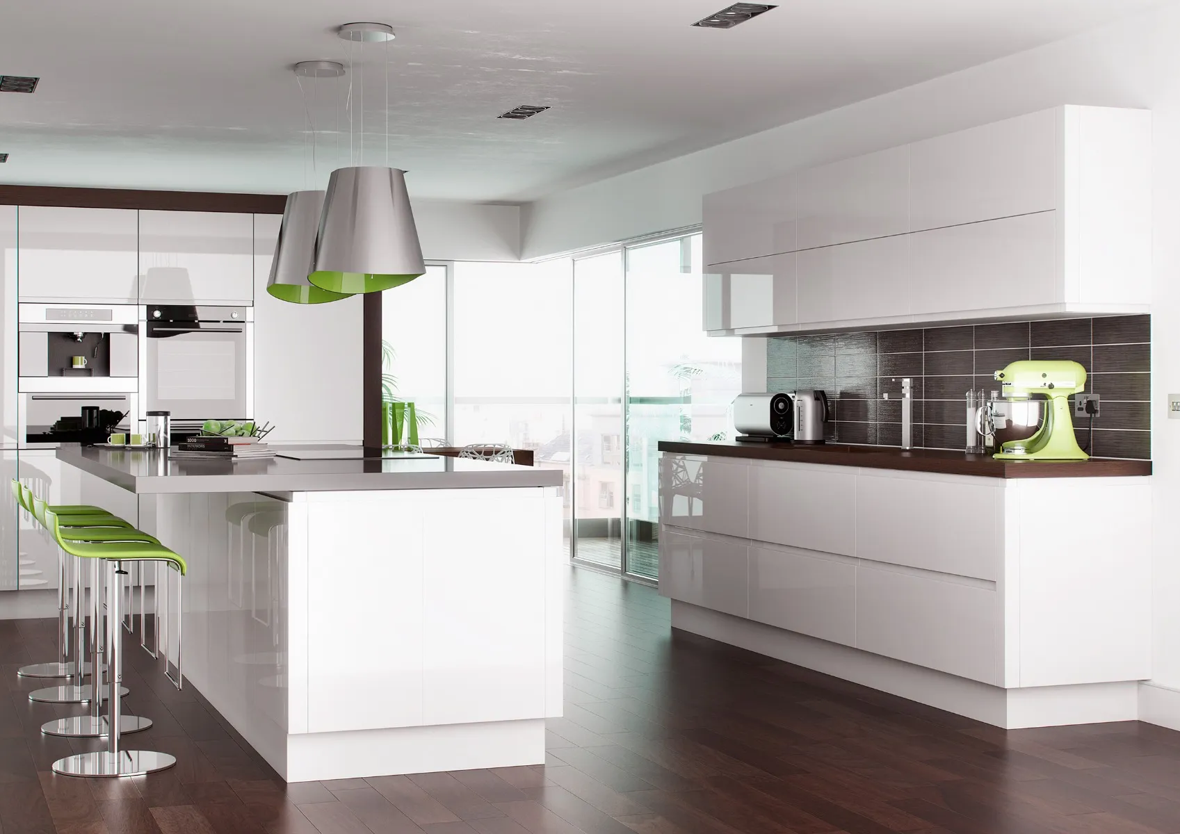 Modern white kitchen island in open-plan space