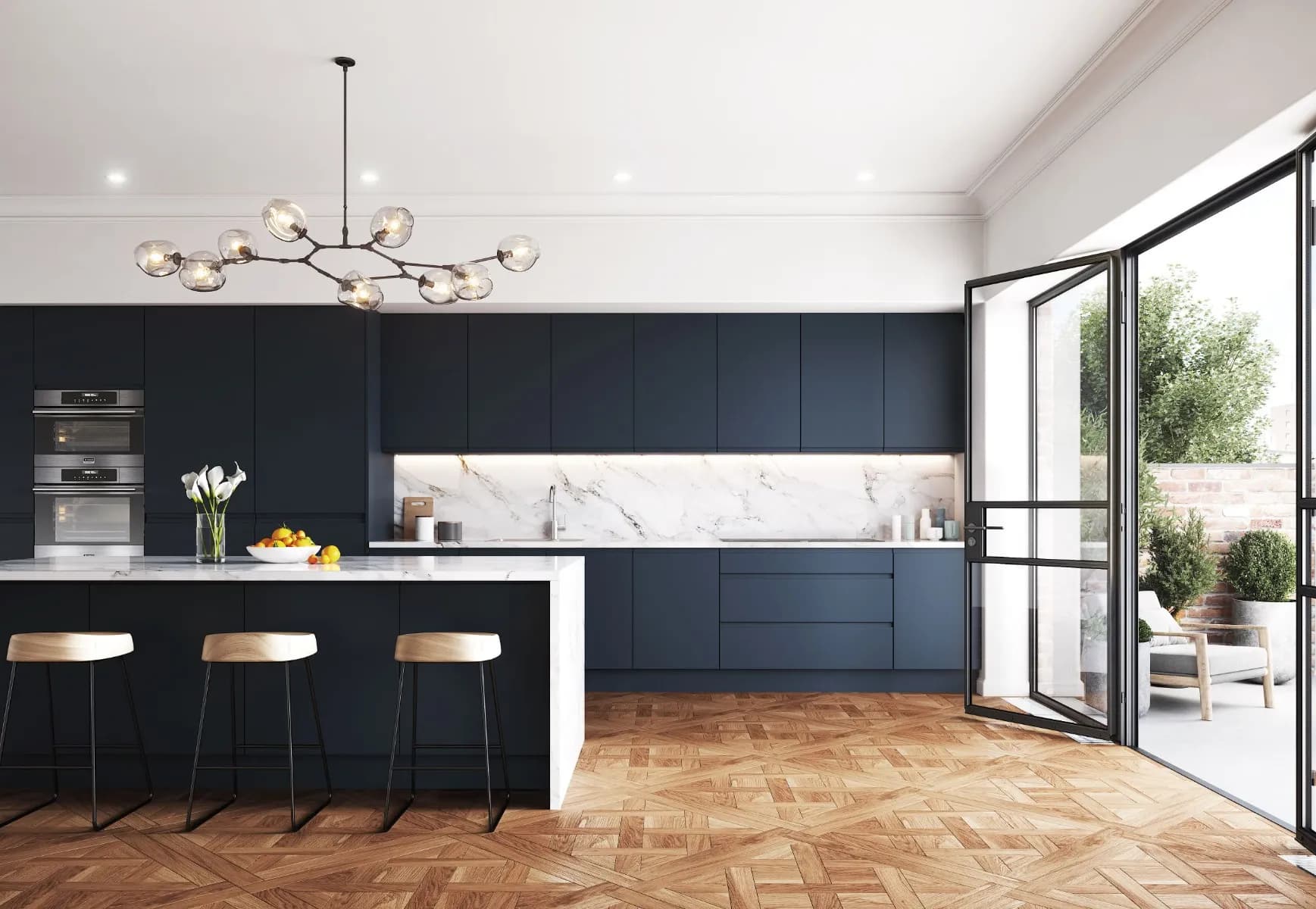Bold blue kitchen with a small island