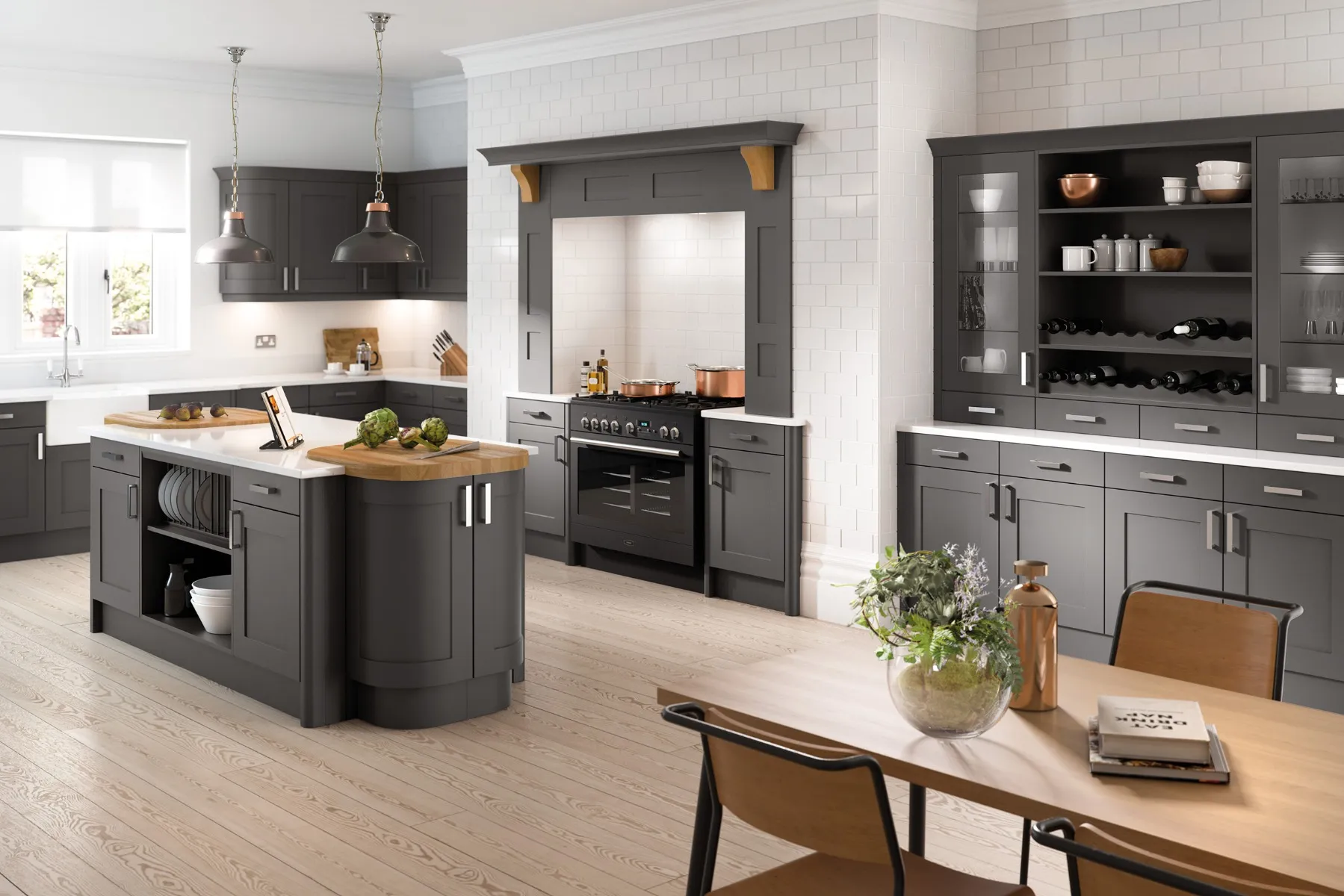 Contemporary grey shaker kitchen with compact island