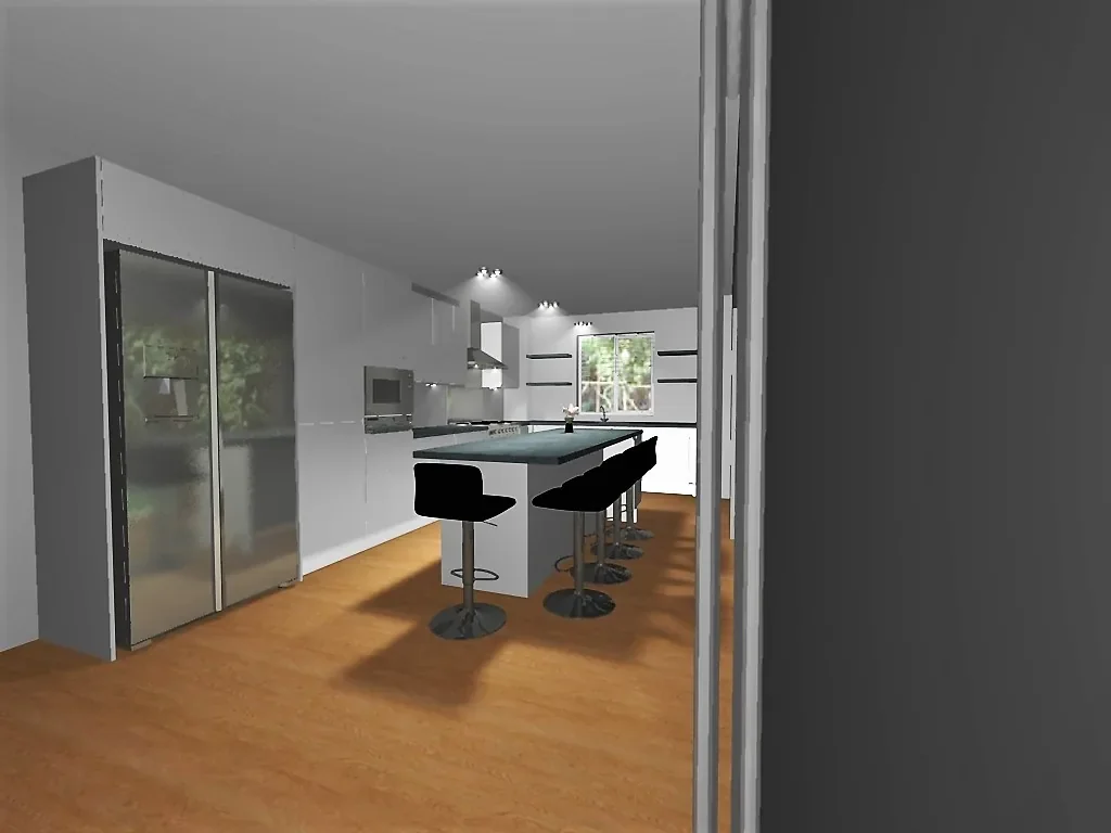 CAD design of a white handleless kitchen with an island and dark worktops