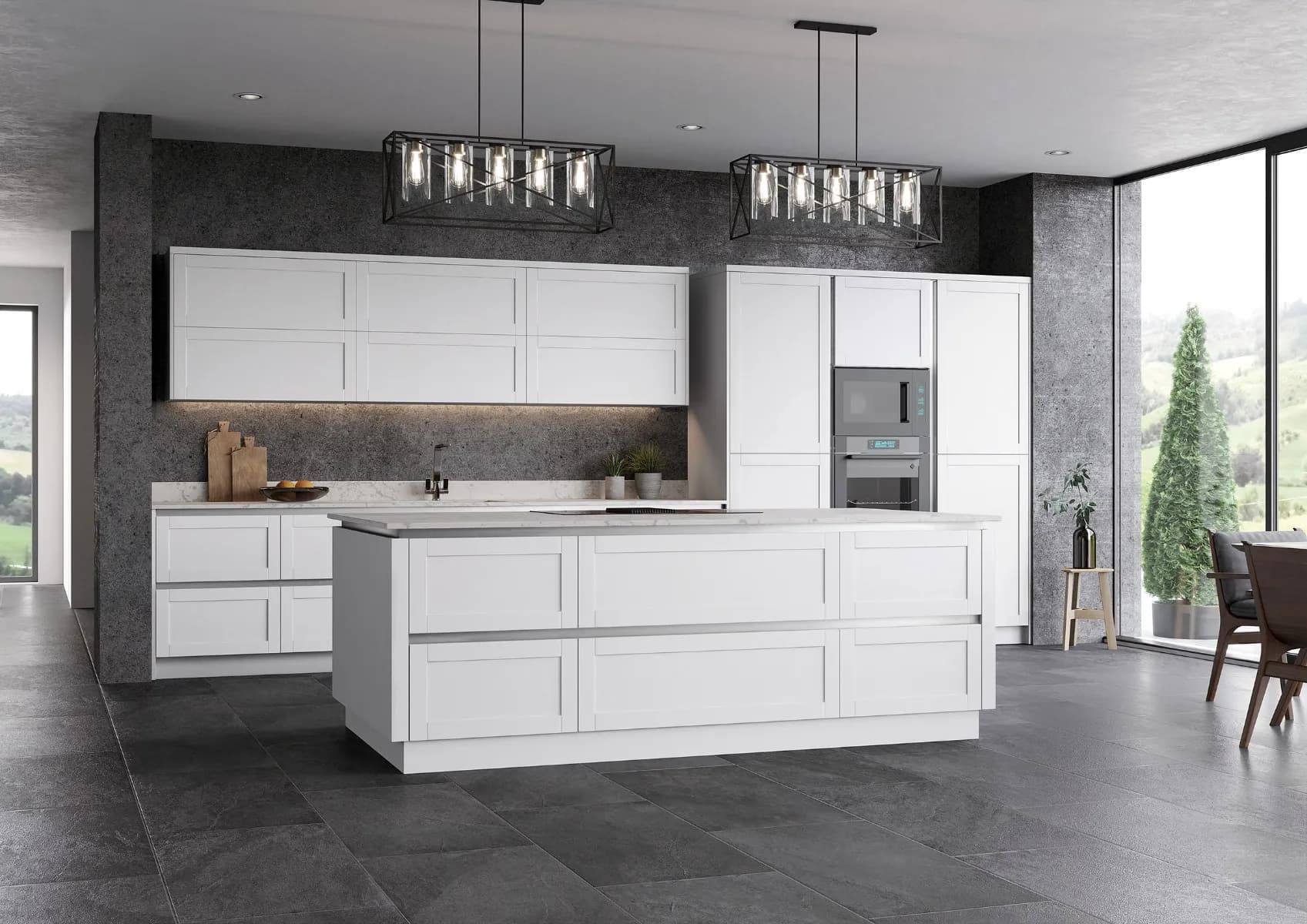 Handleless shaker kitchen in soft white and oak tones