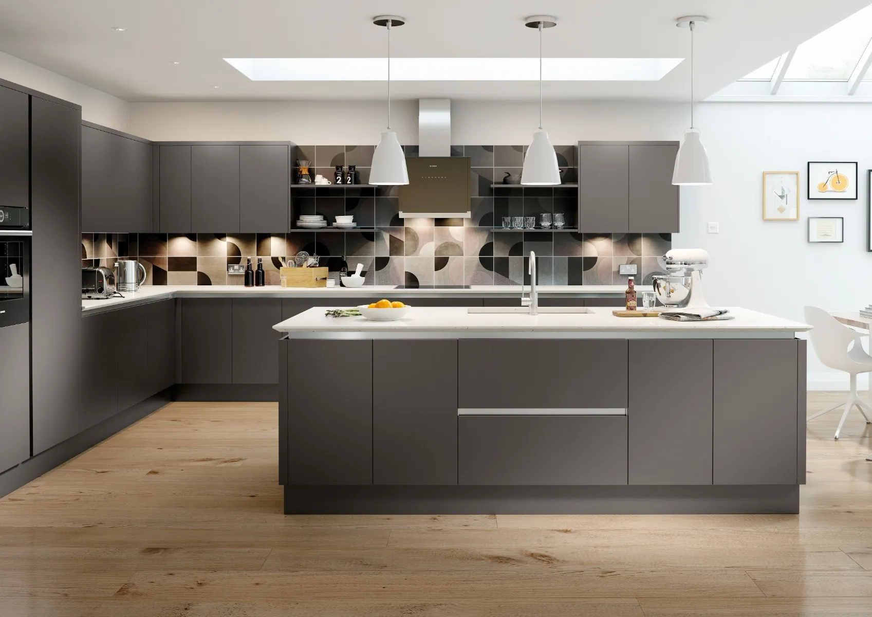 Open-plan handleless kitchen with island