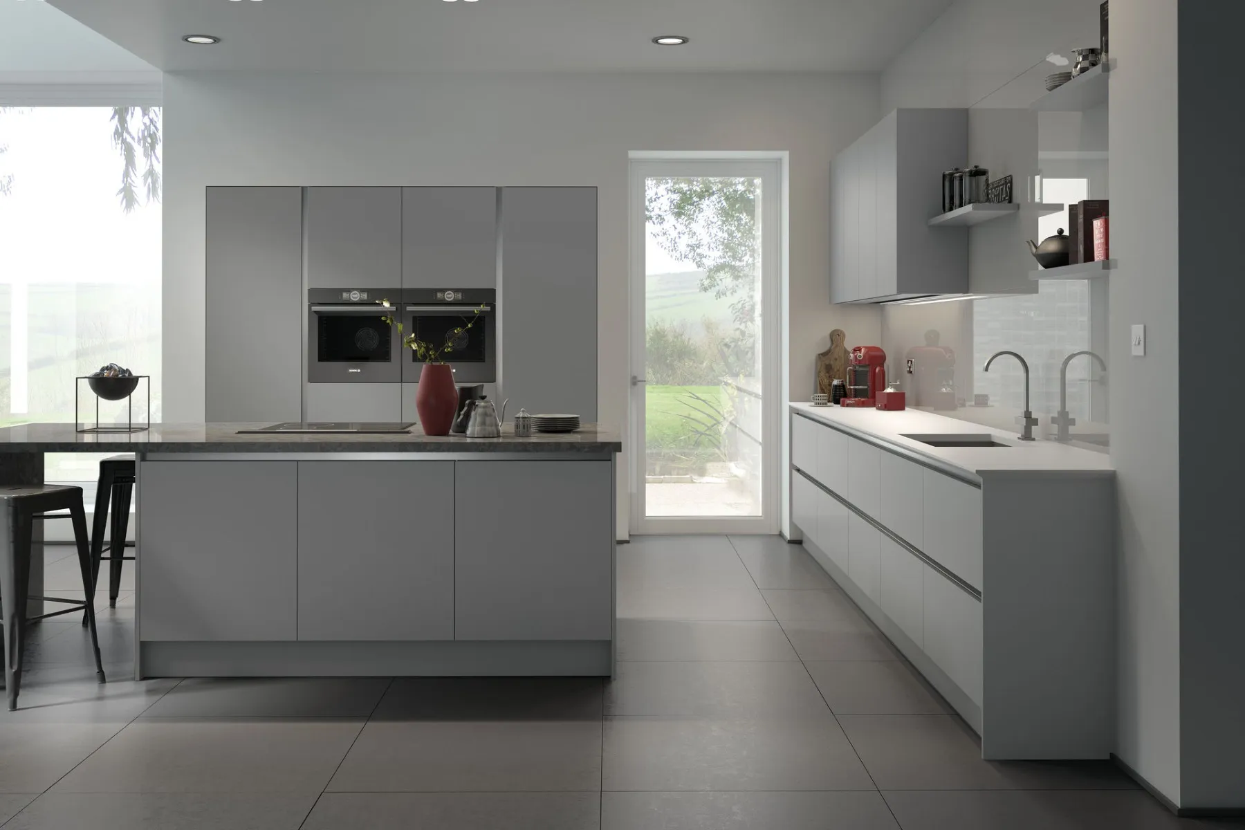 Handleless cabinets in gloss grey