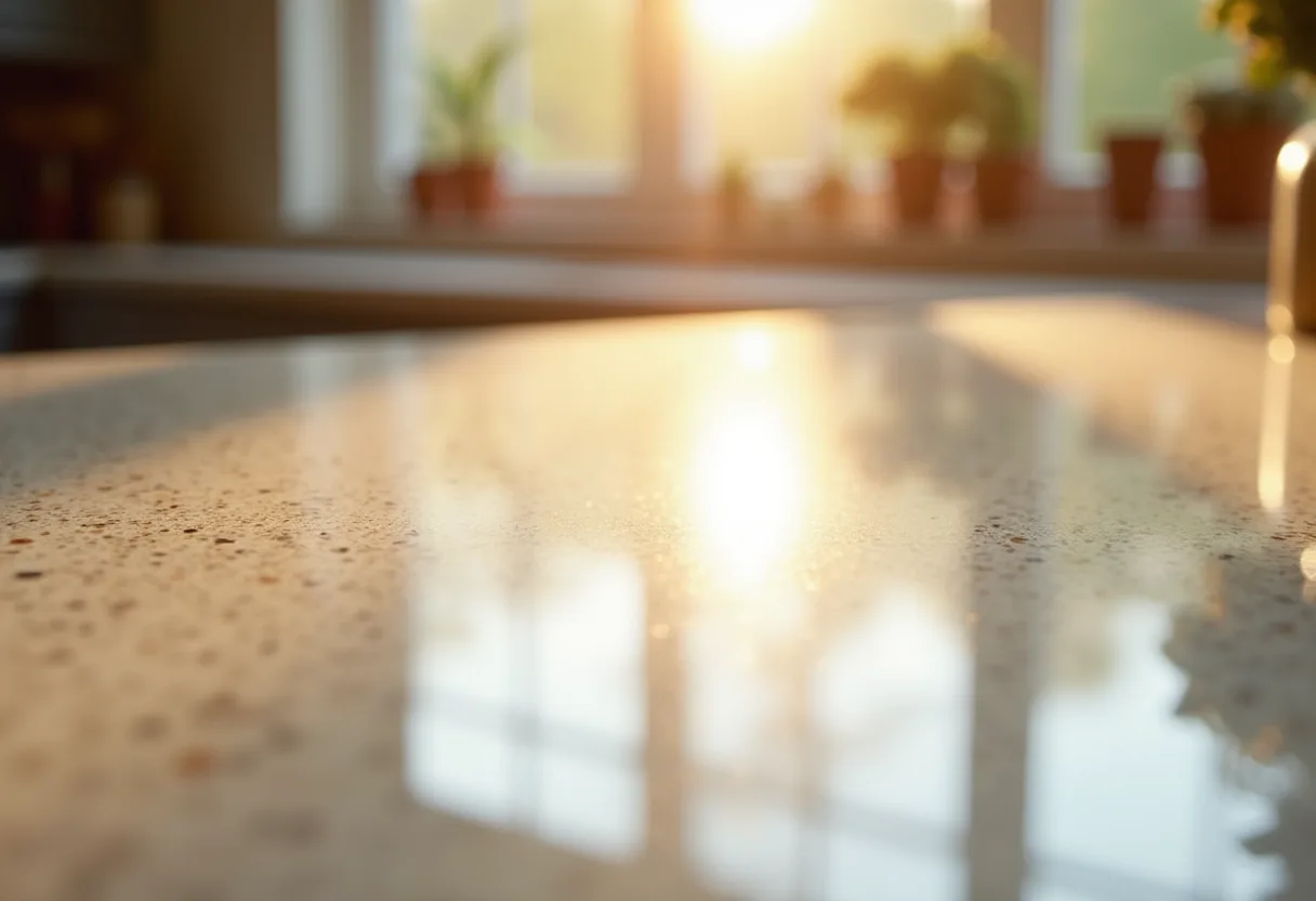 Warm evening light raking across a speckled recycled glass worktop surface, illustrative image