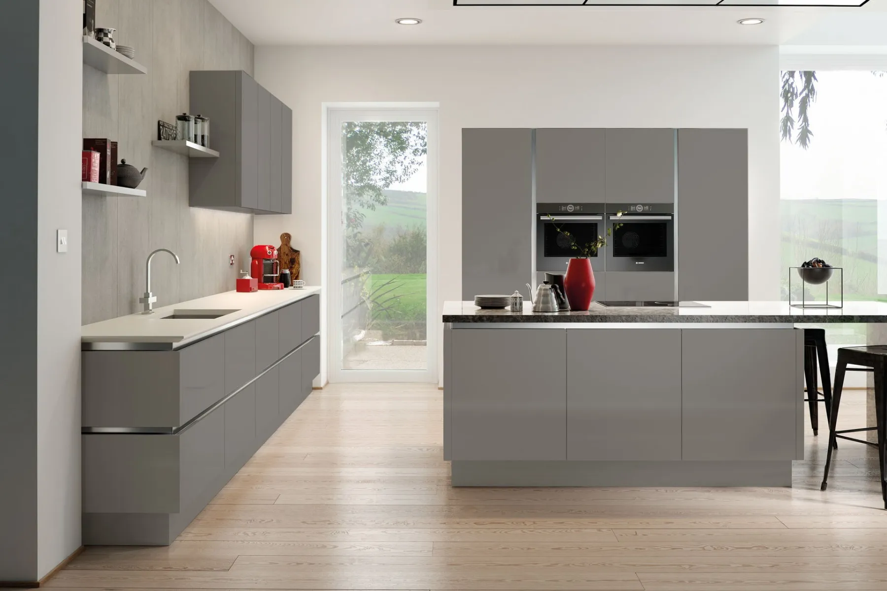 Handleless kitchen with flat-fronted cabinetry and integrated appliances