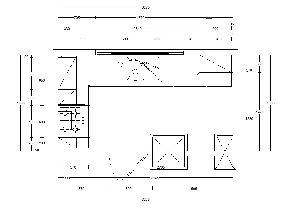 Measured survey plan of a small galley kitchen, 3275mm by 1800mm