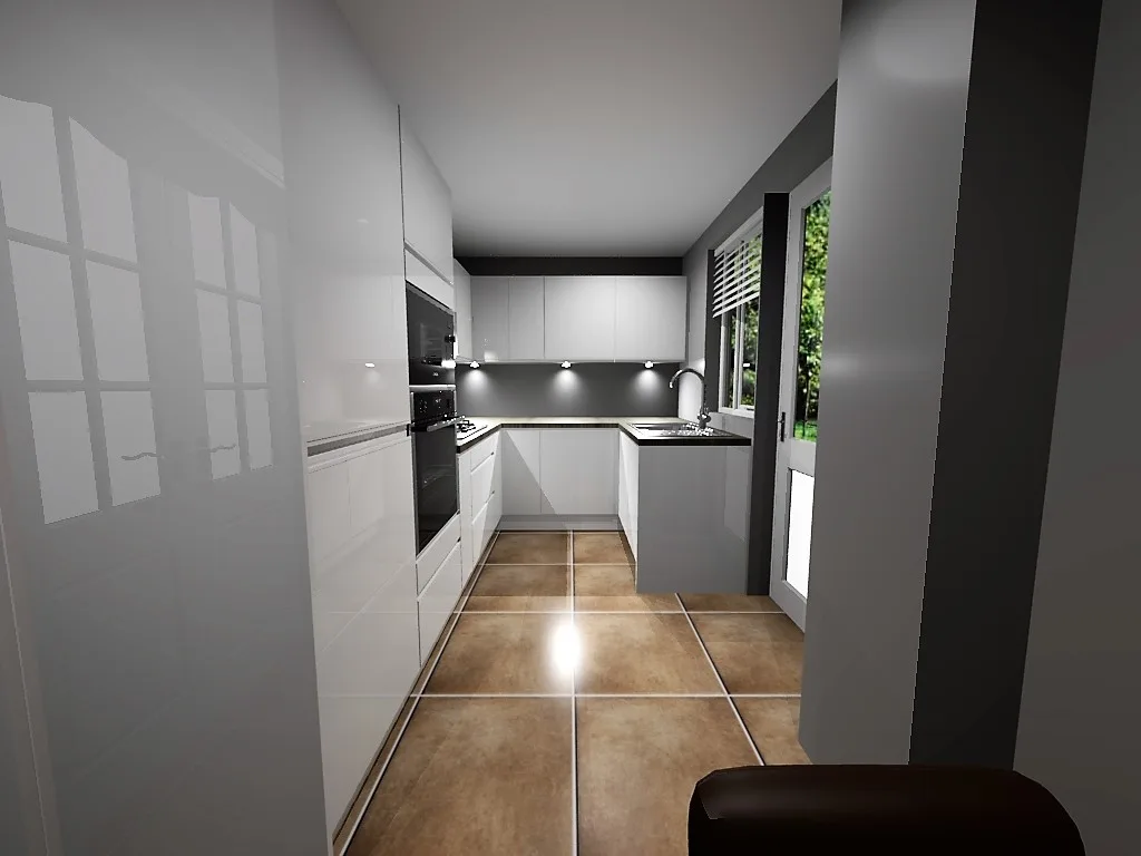 3D CAD concept of the Glasgow kitchen with white gloss units and dark tiled floor