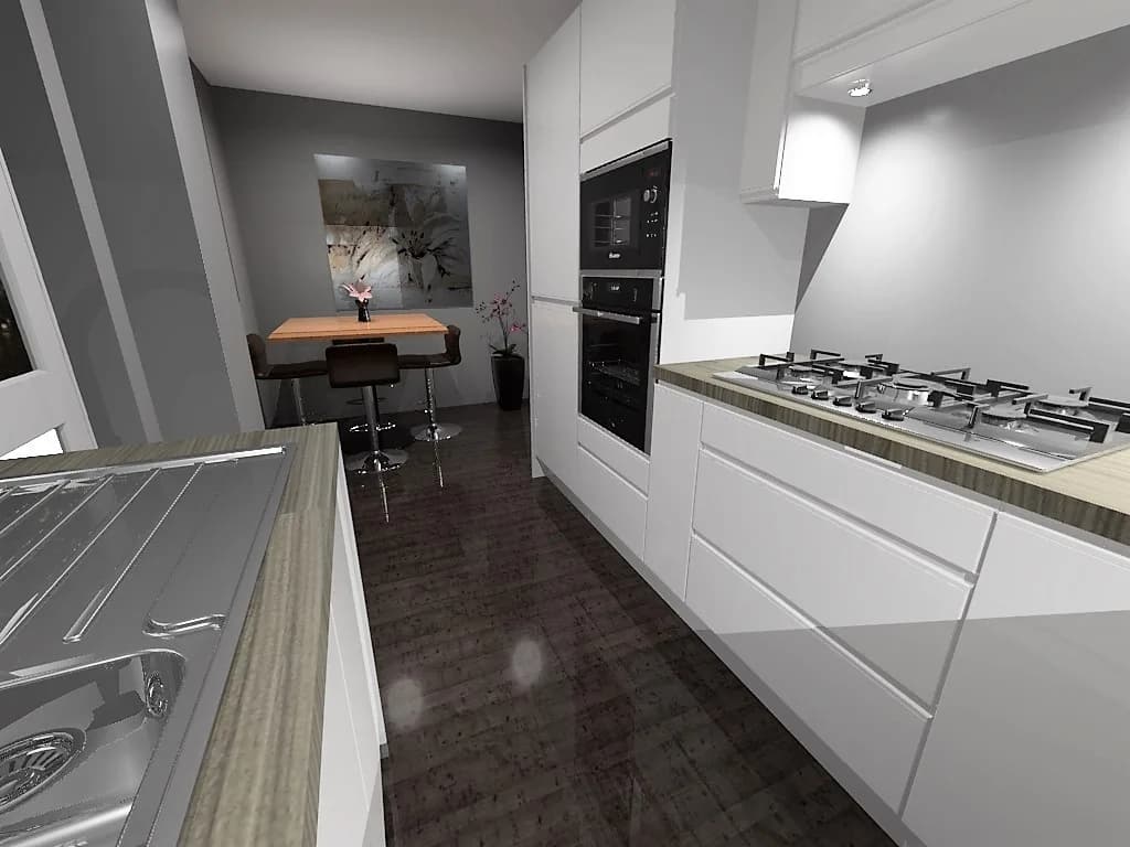 Final CAD design of the white handleless kitchen showing the raised oven housing and woodgrain worktop