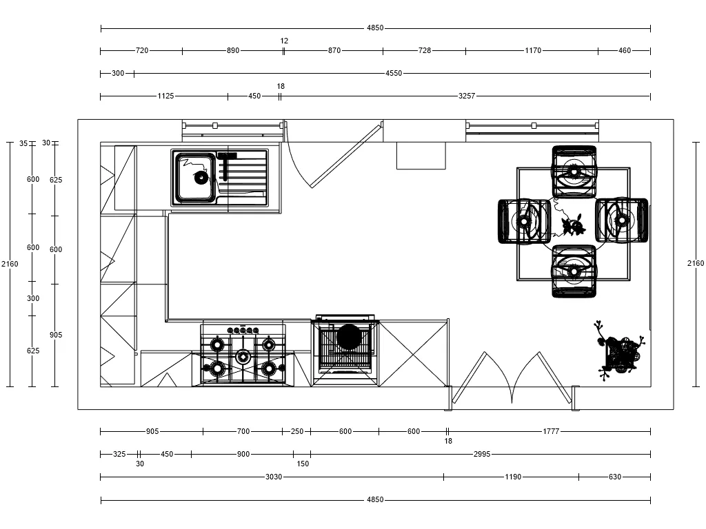 Dimensioned kitchen plan showing the 4850mm by 2160mm room with the dining table at one end