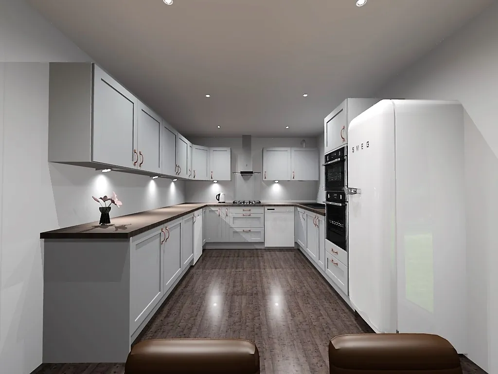 3D CAD design of the Glasgow kitchen showing the U-shaped layout and appliance tower