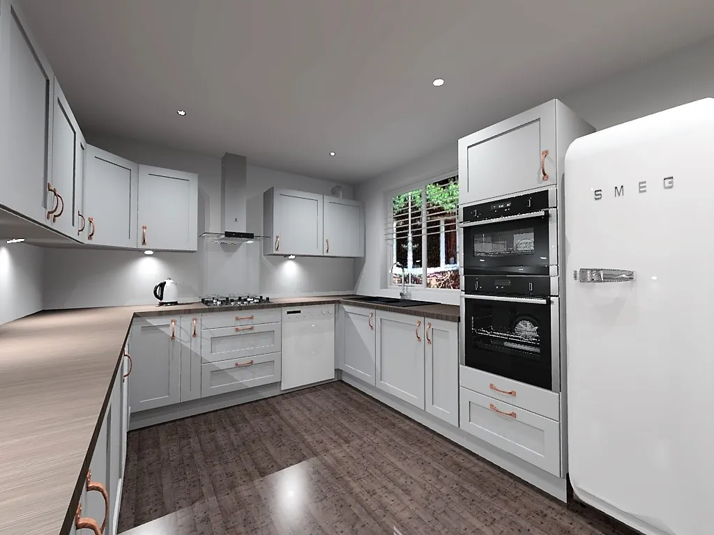 CAD render of the cooking corner with double ovens and the retro fridge freezer