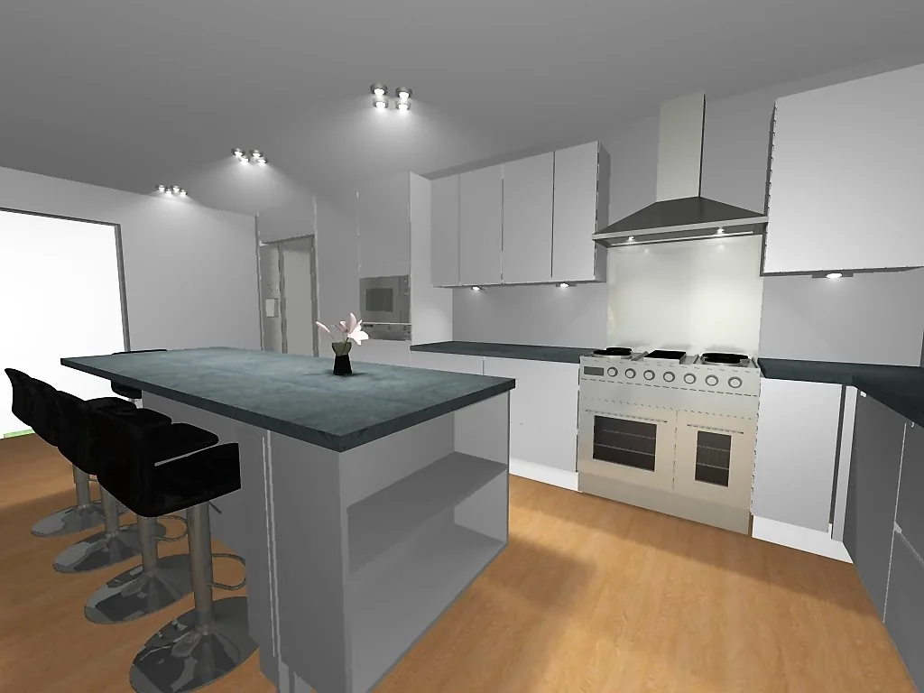 CAD render showing the planned island, range cooker and chimney hood in the new kitchen
