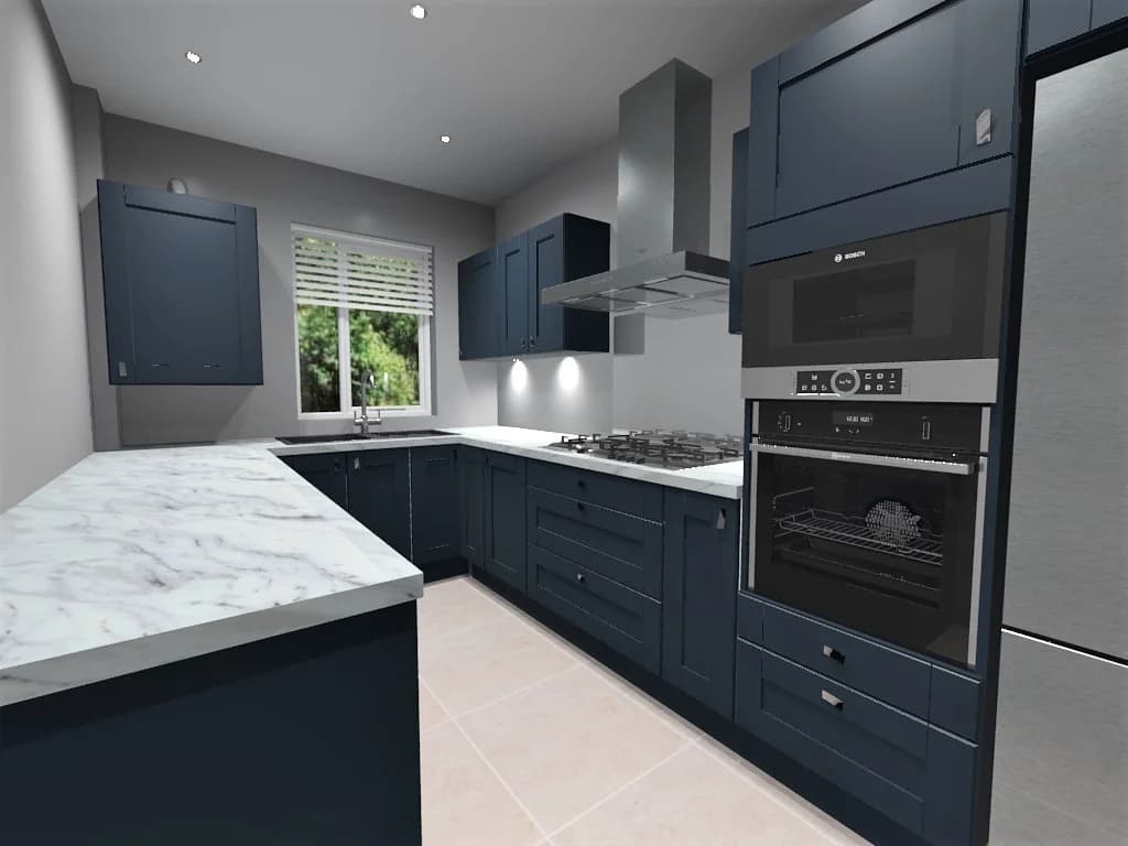 3D CAD design of the Glasgow kitchen showing indigo shaker units, marble-effect worktop and appliance wall