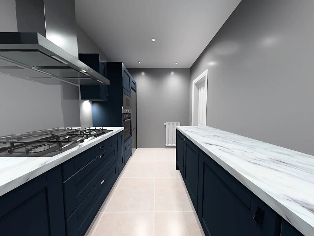CAD render looking down the galley between the two runs of the Glasgow kitchen
