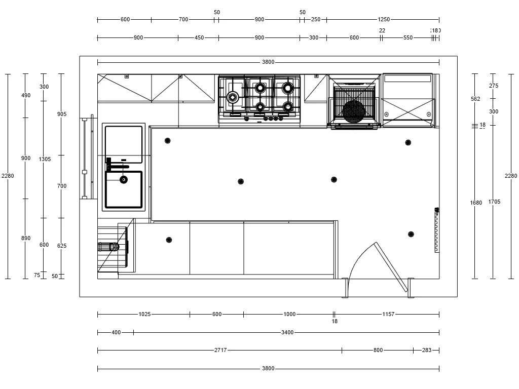 Dimensioned kitchen plan showing the 3800mm by 2280mm room and the U-shaped layout