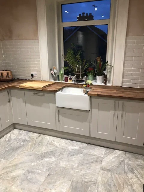 Completed kitchen showing our Rydal range with cashmere finish