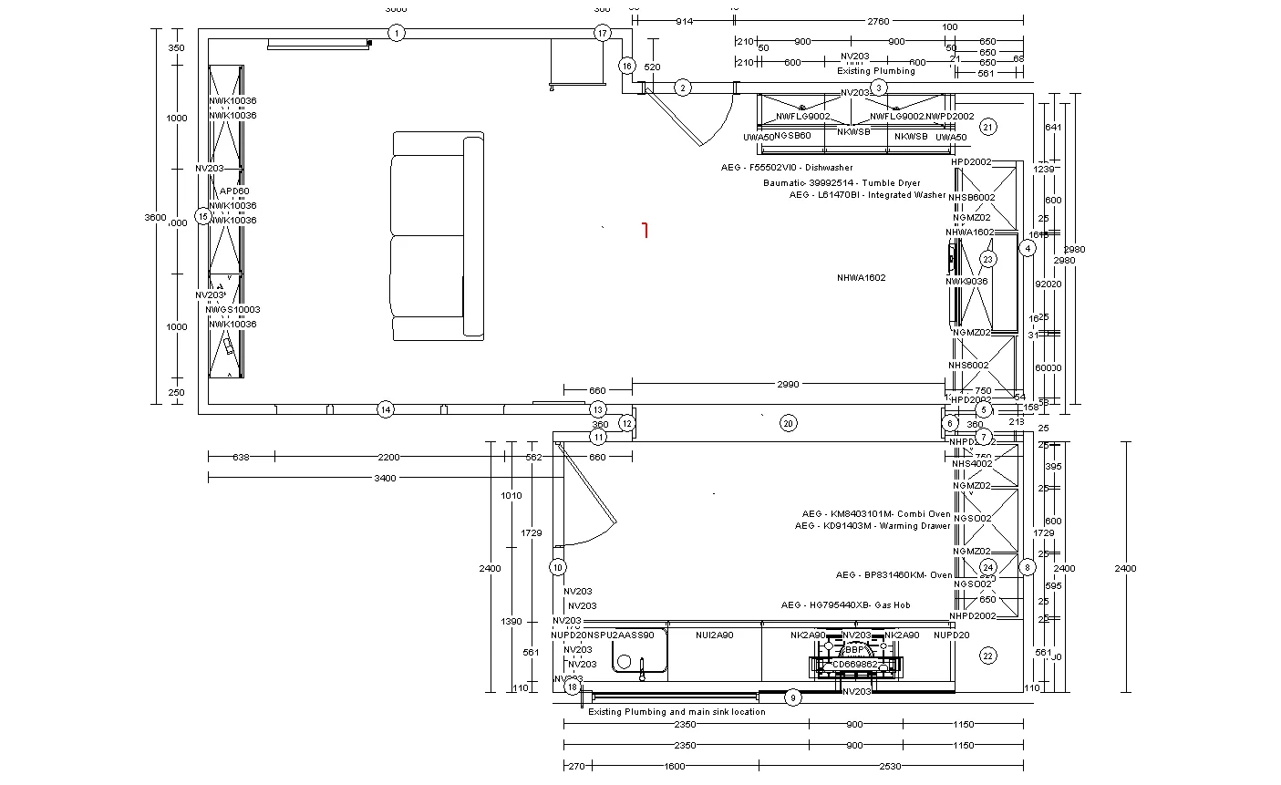 Plan of the completed kitchen showing the planned layout